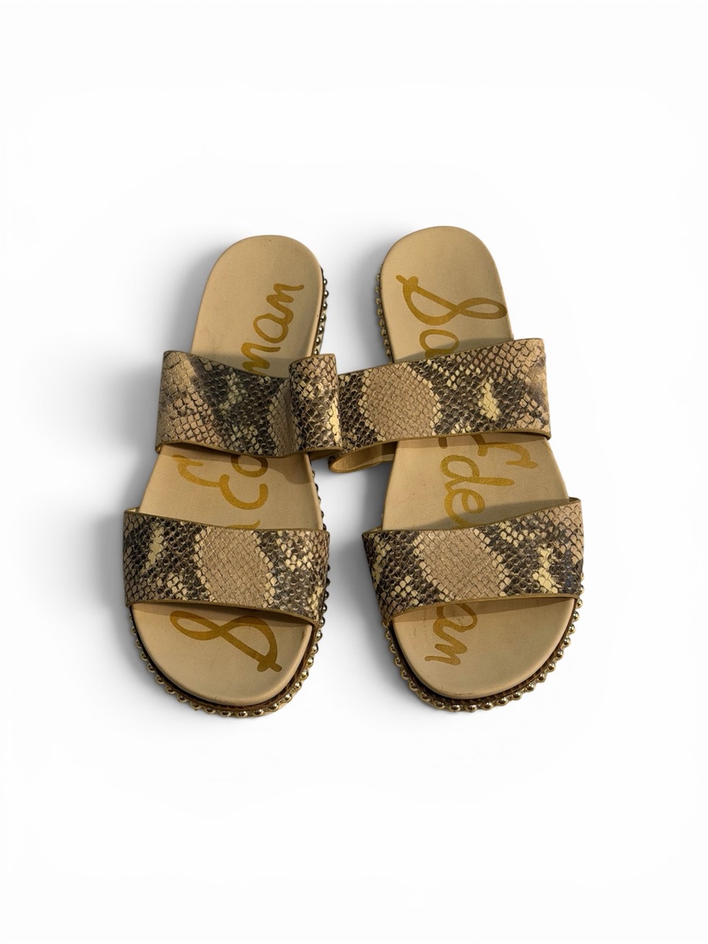 Sam Edelman Tan Snake-Print Slide Sandals with Gold Stud Trim